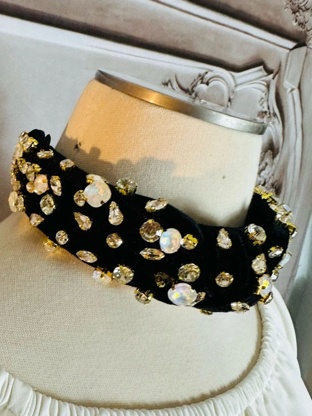 Gianni Bini Black Headband with Gold and Clear Crystal Accents